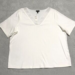 Talbots Lace Trim Ribbed Tee Women 2X White Short Sleeve V-Neck  Top NWT
